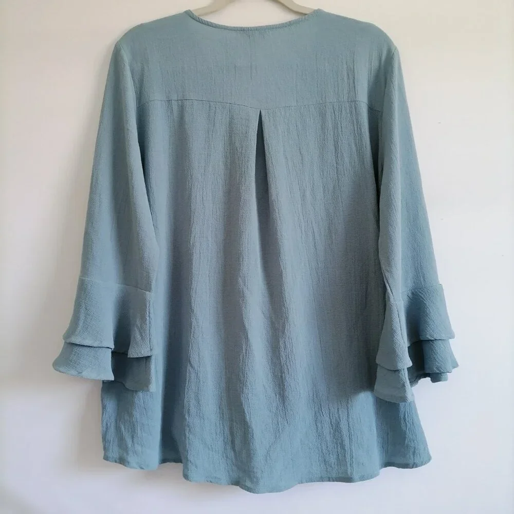 NWT Jodifl Womens Gray Bell Sleeve Surplice Neck Faux Wrap Blouse Top Size L - Picture 4 of 7